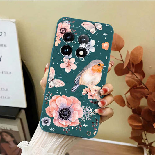 OnePlus 11 Cover - Dark Green - D1 - ONation Nature Floral Series - HQ Liquid Silicone Soft Case