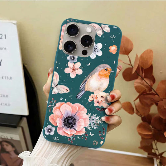 iPhone 15 Pro Max Cover - Dark Green - D1 - ONation Nature Floral Series - HQ Liquid Silicone Soft Case