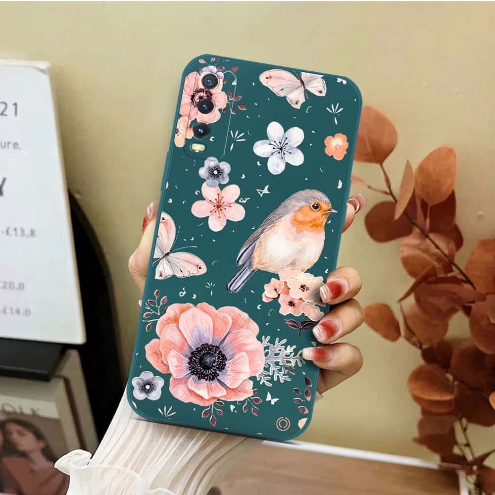 Vivo Y12s Cover - Dark Green - D1 - ONation Nature Floral Series - HQ Liquid Silicone Soft Case