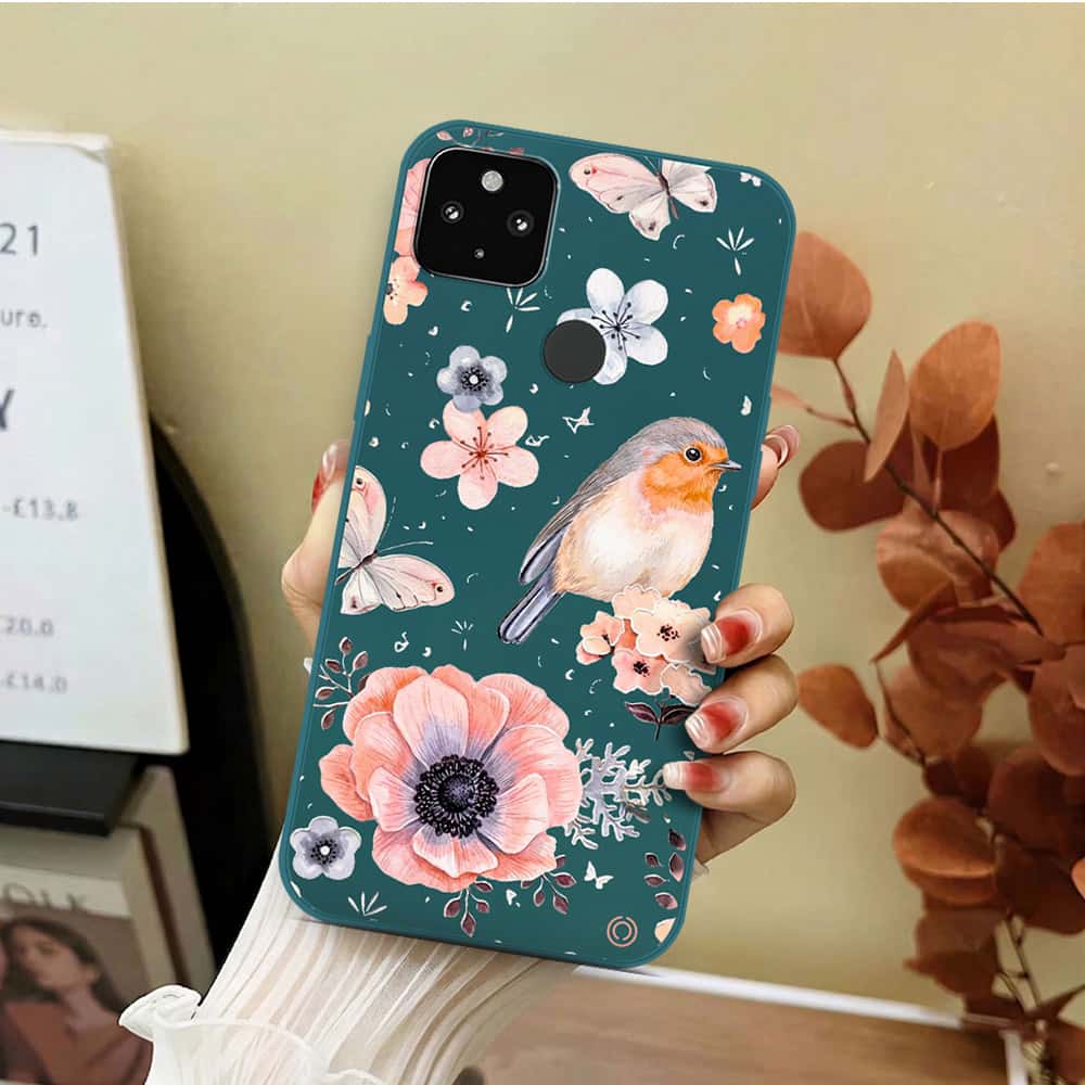 Google Pixel 4a 5G Cover - Dark Green - D1 - ONation Nature Floral Series - HQ Liquid Silicone Soft Case