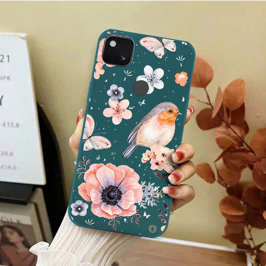 Google Pixel 4a 4G Cover - Dark Green - D1 - ONation Nature Floral Series - HQ Liquid Silicone Soft Case