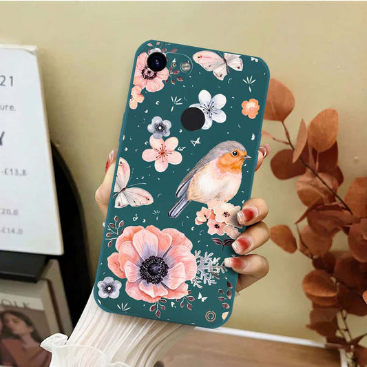 Google Pixel 3 XL Cover - Dark Green - D1 - ONation Nature Floral Series - HQ Liquid Silicone Soft Case