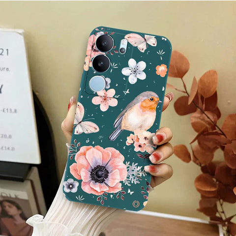 Vivo V29 Cover - Dark Green - D1 - ONation Nature Floral Series - HQ Liquid Silicone Soft Case