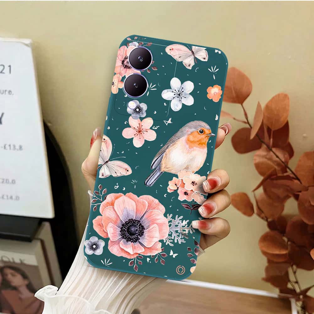 Xiaomi 13T Cover - Dark Green - D1 - ONation Nature Floral Series - HQ Liquid Silicone Soft Case