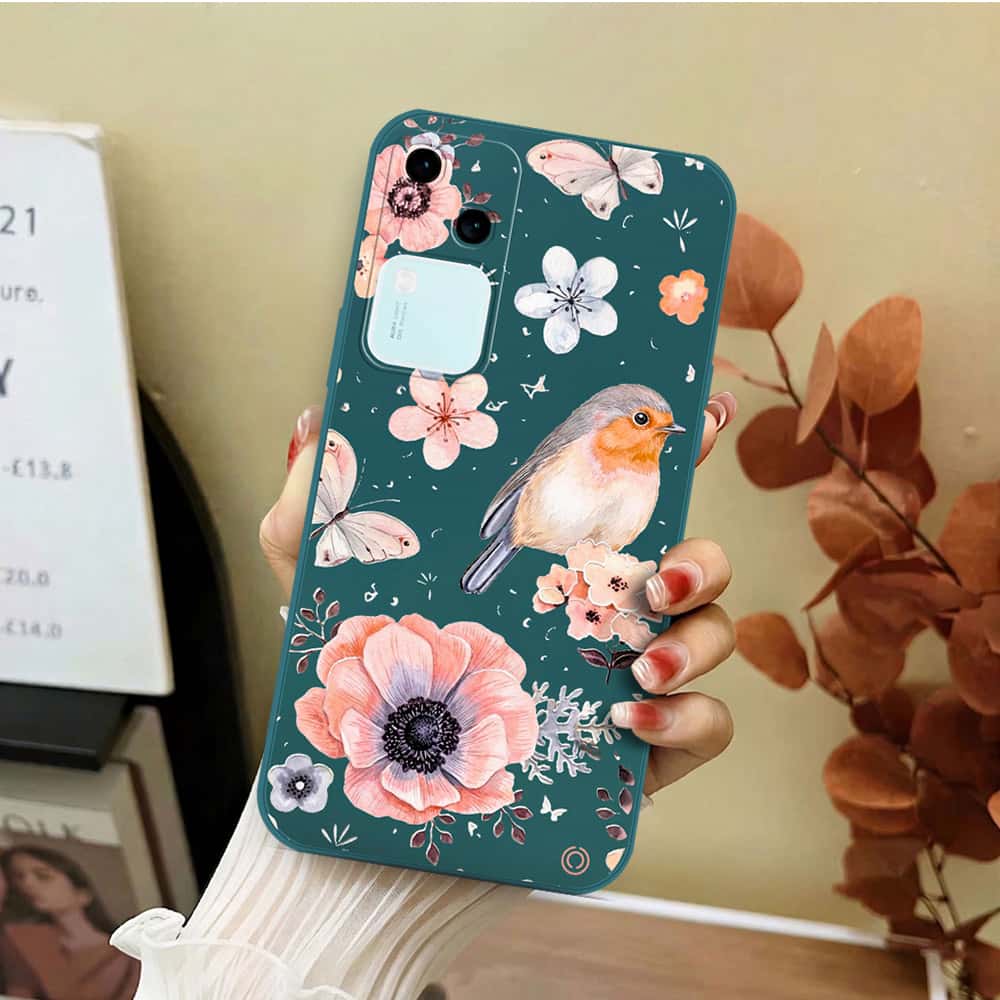 Vivo V30 Cover - Dark Green - D1 - ONation Nature Floral Series - HQ Liquid Silicone Soft Case