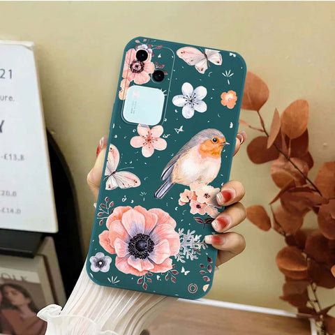 Vivo V30 Cover - Dark Green - D1 - ONation Nature Floral Series - HQ Liquid Silicone Soft Case