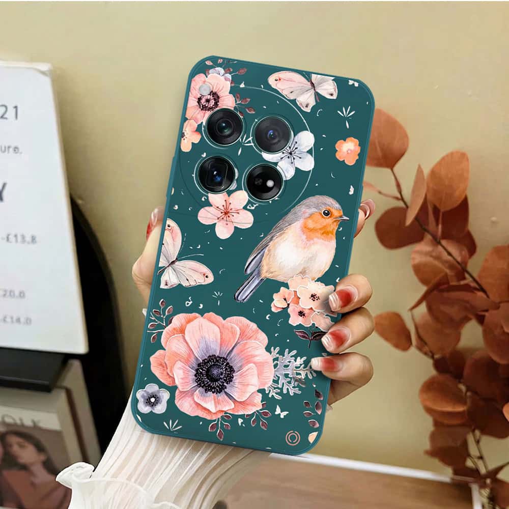 OnePlus 12 Cover - Dark Green - D1 - ONation Nature Floral Series - HQ Liquid Silicone Soft Case