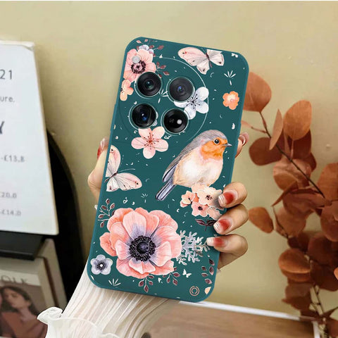 OnePlus 12 Cover - Dark Green - D1 - ONation Nature Floral Series - HQ Liquid Silicone Soft Case
