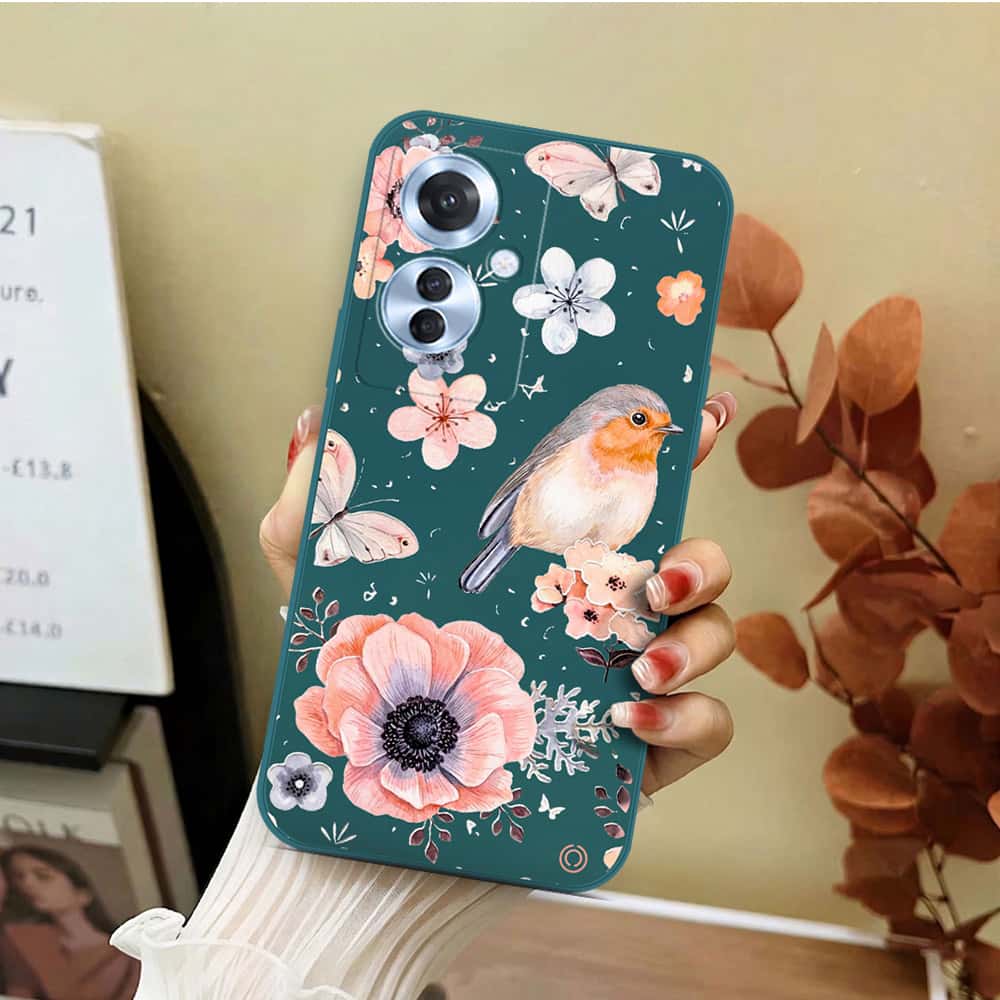 Oppo Reno 11F 5G Cover - Dark Green - D1 - ONation Nature Floral Series - HQ Liquid Silicone Soft Case