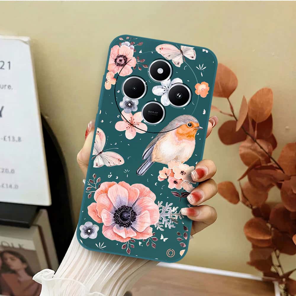 Xiaomi Redmi 14C Cover - Dark Green - D1 - ONation Nature Floral Series - HQ Liquid Silicone Soft Case
