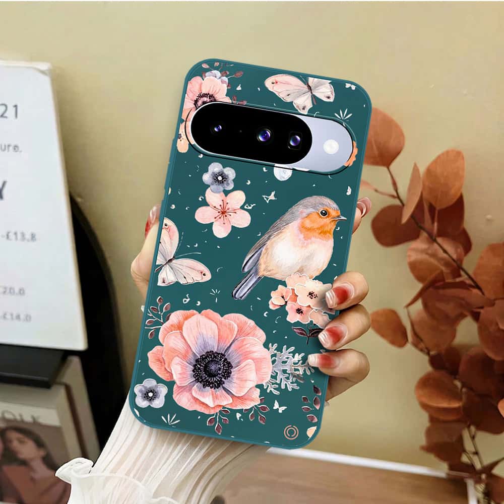 Google Pixel 10 Cover - Dark Green - D1 - ONation Nature Floral Series - HQ Liquid Silicone Soft Case