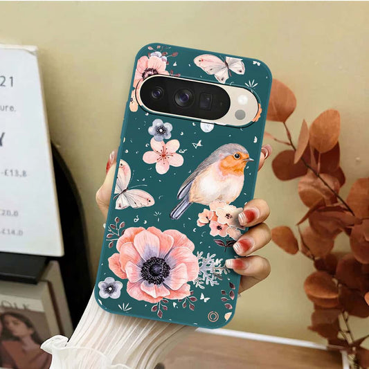 Google Pixel 10 Pro XL Cover - Dark Green - D1 - ONation Nature Floral Series - HQ Liquid Silicone Soft Case