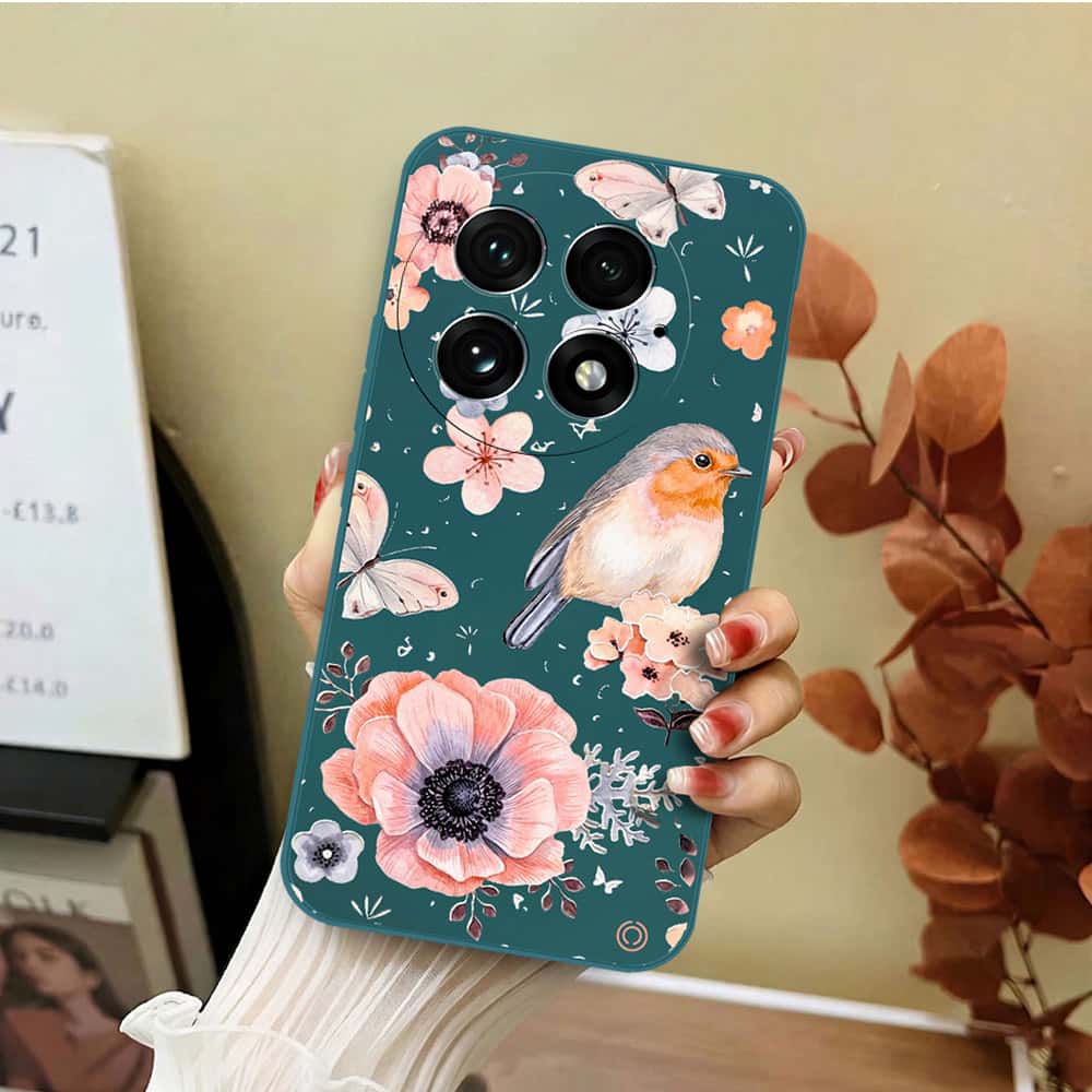 OnePlus 13 Cover - Dark Green - D1 - ONation Nature Floral Series - HQ Liquid Silicone Soft Case