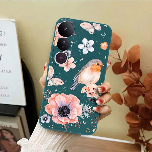 Vivo V50 Lite Cover - Dark Green - D1 - ONation Nature Floral Series - HQ Liquid Silicone Soft Case