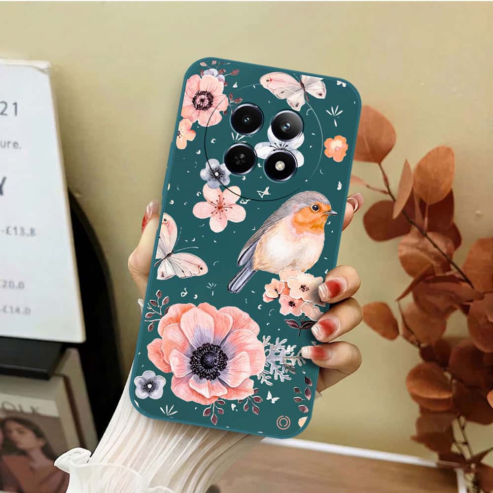 Realme 13 Cover - Dark Green - D1 - ONation Nature Floral Series - HQ Liquid Silicone Soft Case