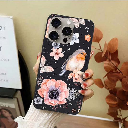 iPhone 15 Pro Max Cover - Black - D1 - ONation Nature Floral Series - HQ Liquid Silicone Soft Case