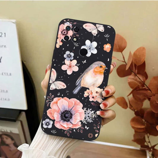 Xiaomi Redmi 10C Cover - Black - D1 - ONation Nature Floral Series - HQ Liquid Silicone Soft Case