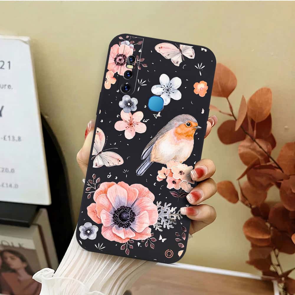 Vivo V15 Cover - Black - D1 - ONation Nature Floral Series - HQ Liquid Silicone Soft Case