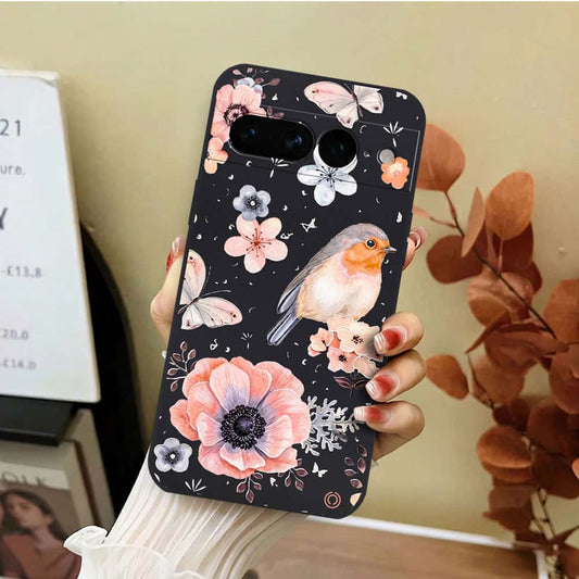 Google Pixel 7 Pro Cover - Black - D1 - ONation Nature Floral Series - HQ Liquid Silicone Soft Case
