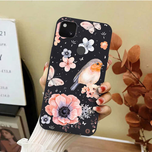 Google Pixel 4a 4G Cover - Black - D1 - ONation Nature Floral Series - HQ Liquid Silicone Soft Case