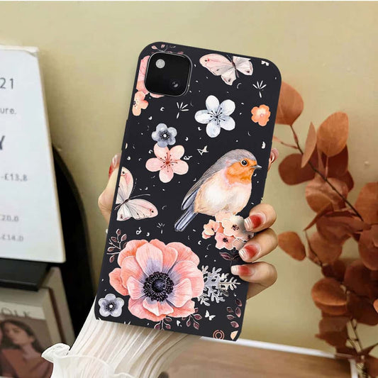 Google Pixel 4 Cover - Black - D1 - ONation Nature Floral Series - HQ Liquid Silicone Soft Case