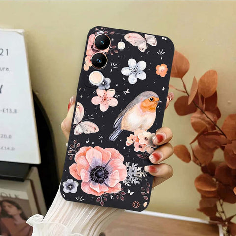 Vivo V29e Cover - Black - D1 - ONation Nature Floral Series - HQ Liquid Silicone Soft Case