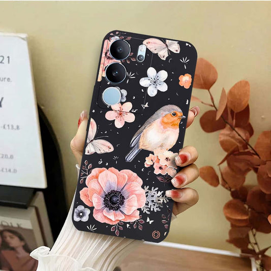 Vivo V29 Cover - Black - D1 - ONation Nature Floral Series - HQ Liquid Silicone Soft Case