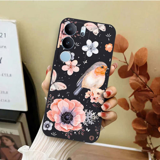 Vivo V29 Pro Cover - Black - D1 - ONation Nature Floral Series - HQ Liquid Silicone Soft Case