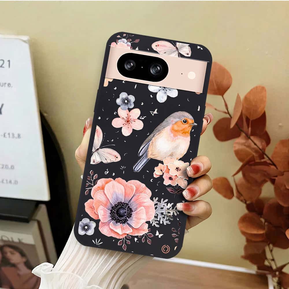Google Pixel 8 Cover - Black - D1 - ONation Nature Floral Series - HQ Liquid Silicone Soft Case