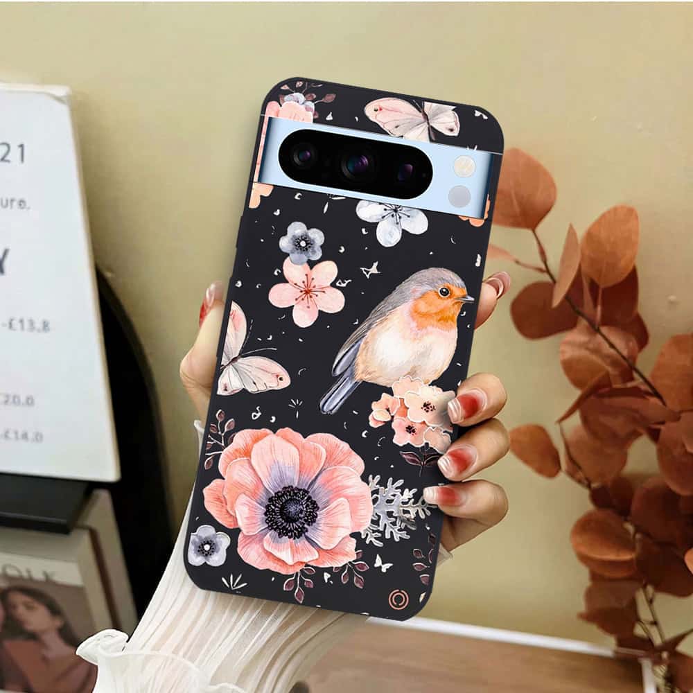 Google Pixel 8 Pro Cover - Black - D1 - ONation Nature Floral Series - HQ Liquid Silicone Soft Case
