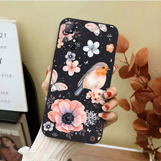 Xiaomi Redmi Note 11 5G Cover - Black - D1 - ONation Nature Floral Series - HQ Liquid Silicone Soft Case