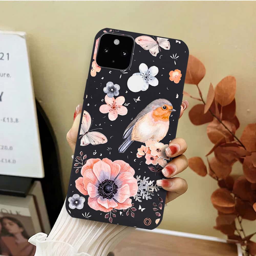 Google Pixel 5a 5G Cover - Black - D1 - ONation Nature Floral Series - HQ Liquid Silicone Soft Case