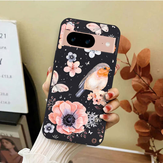 Google Pixel 8a Cover - Black - D1 - ONation Nature Floral Series - HQ Liquid Silicone Soft Case