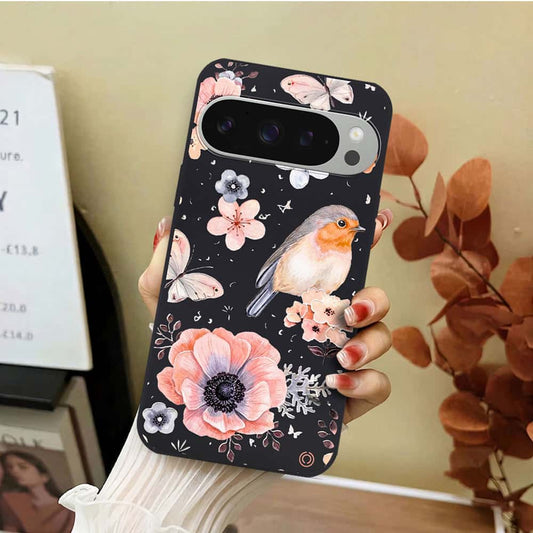 Google Pixel 9 Cover - Black - D1 - ONation Nature Floral Series - HQ Liquid Silicone Soft Case