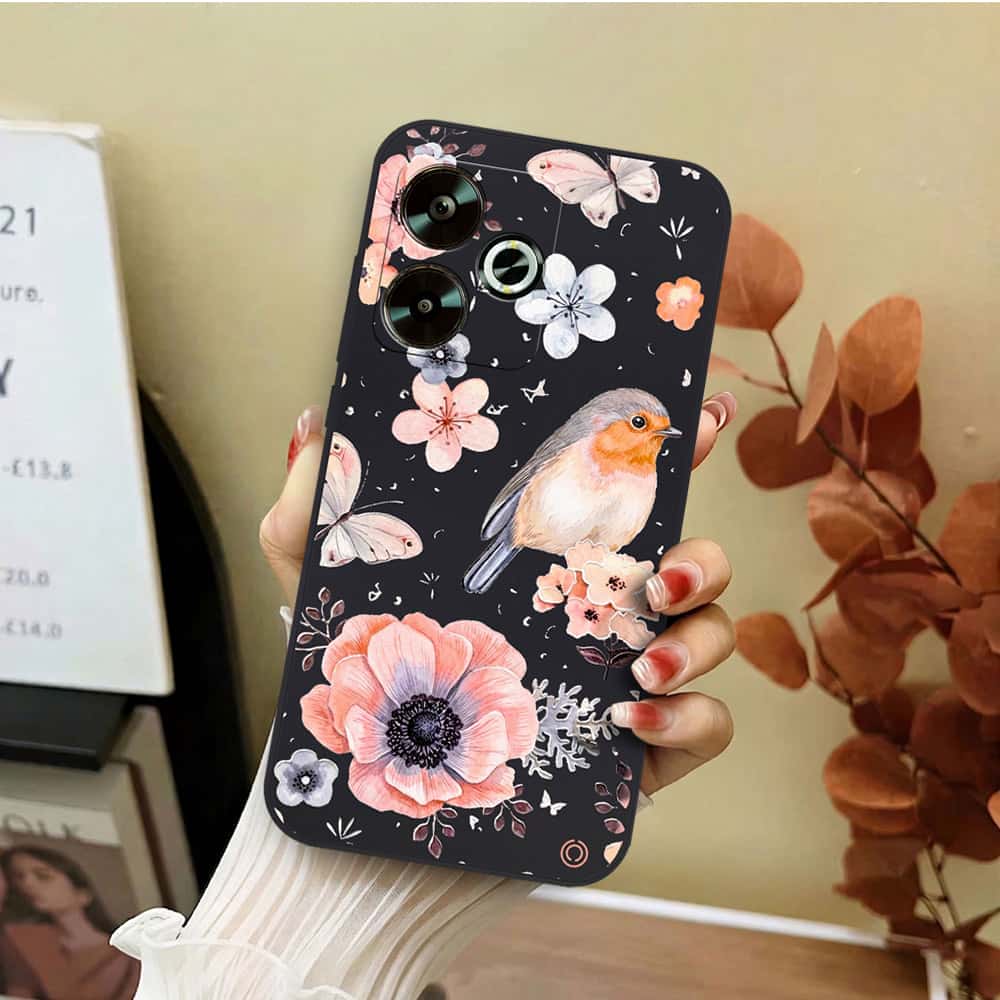 Xiaomi Redmi 13 Cover - Black - D1 - ONation Nature Floral Series - HQ Liquid Silicone Soft Case