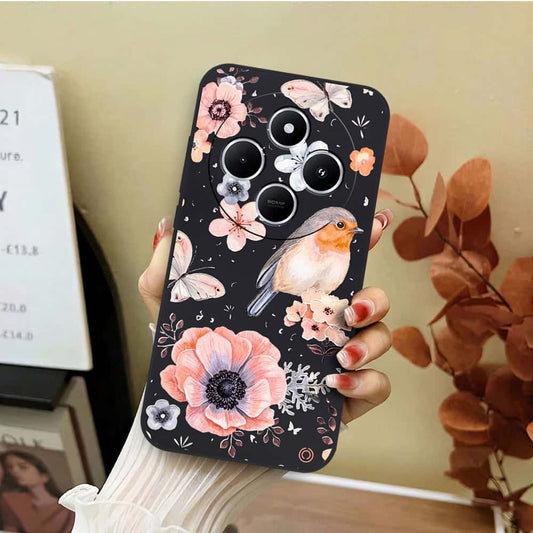 Xiaomi Redmi 14C Cover - Black - D1 - ONation Nature Floral Series - HQ Liquid Silicone Soft Case