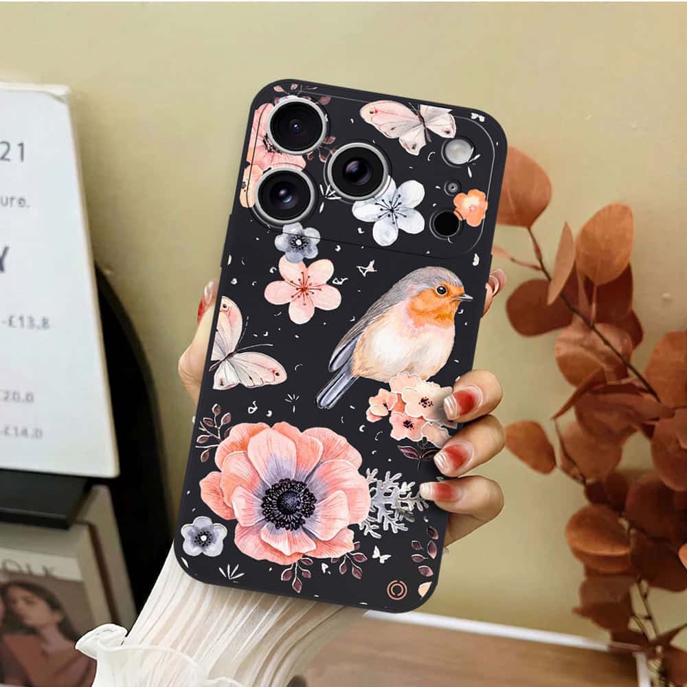 iPhone 17 Pro Cover - Black - D1 - ONation Nature Floral Series - HQ Liquid Silicone Soft Case