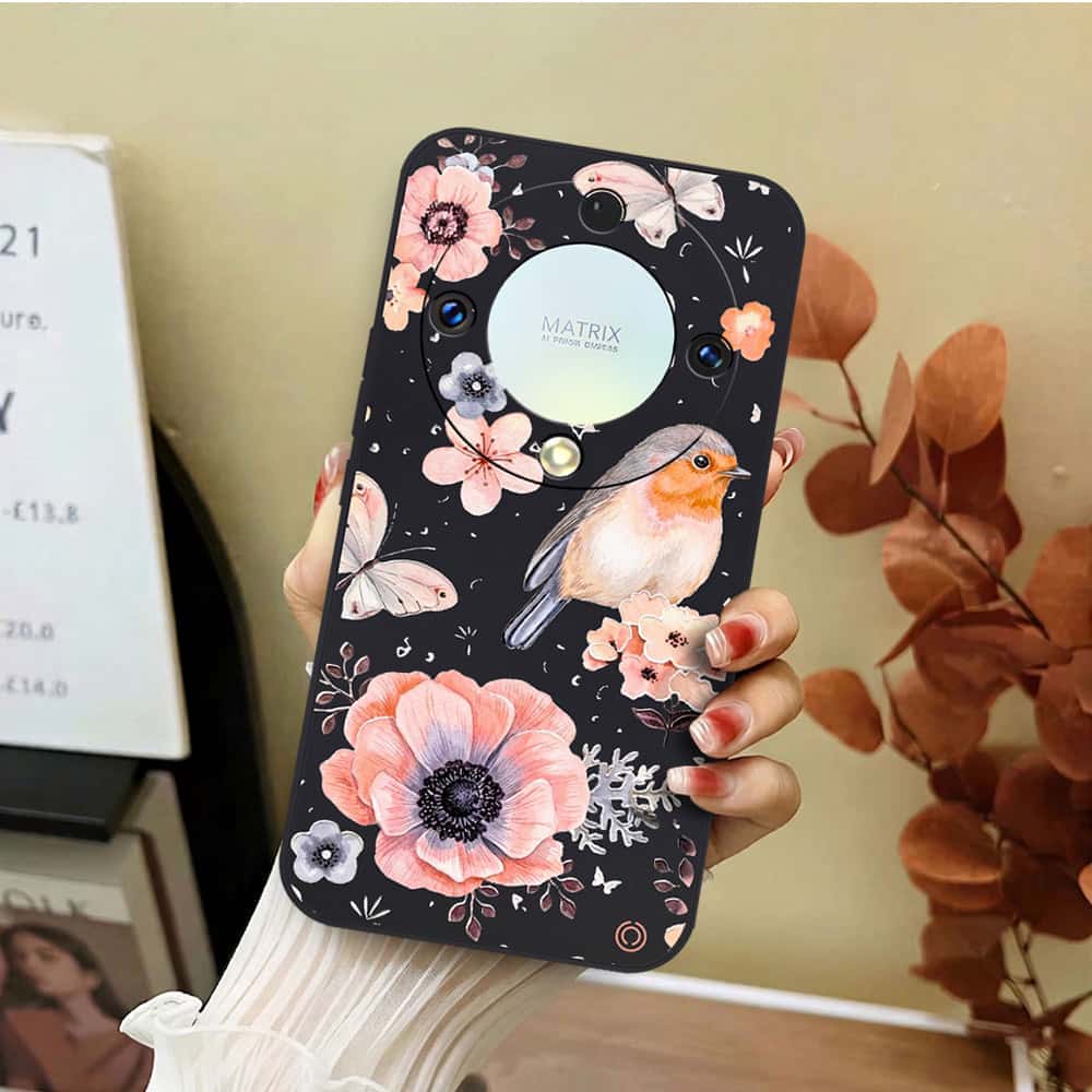 Honor X40 Cover - Black - D1 - ONation Nature Floral Series - HQ Liquid Silicone Soft Case
