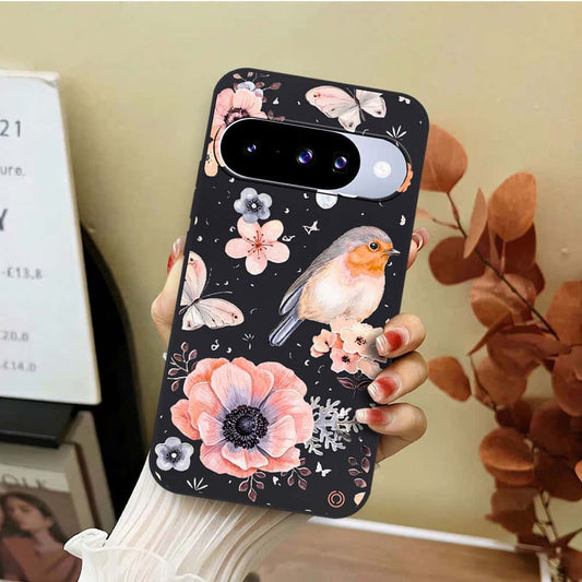 Google Pixel 10 Cover - Black - D1 - ONation Nature Floral Series - HQ Liquid Silicone Soft Case