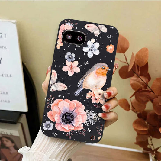 Google Pixel 9a Cover - Black - D1 - ONation Nature Floral Series - HQ Liquid Silicone Soft Case
