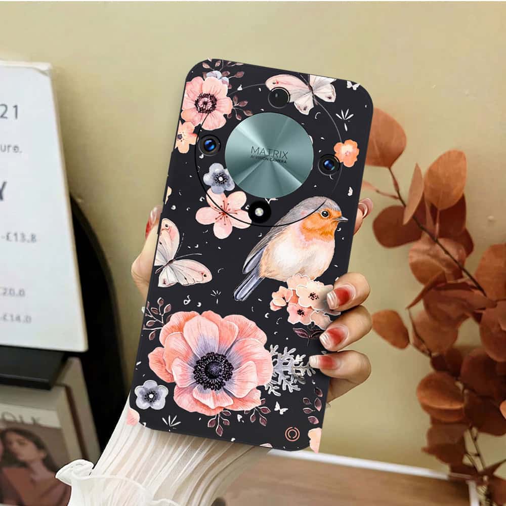 Honor Magic 6 Lite Cover - Black - D1 - ONation Nature Floral Series - HQ Liquid Silicone Soft Case