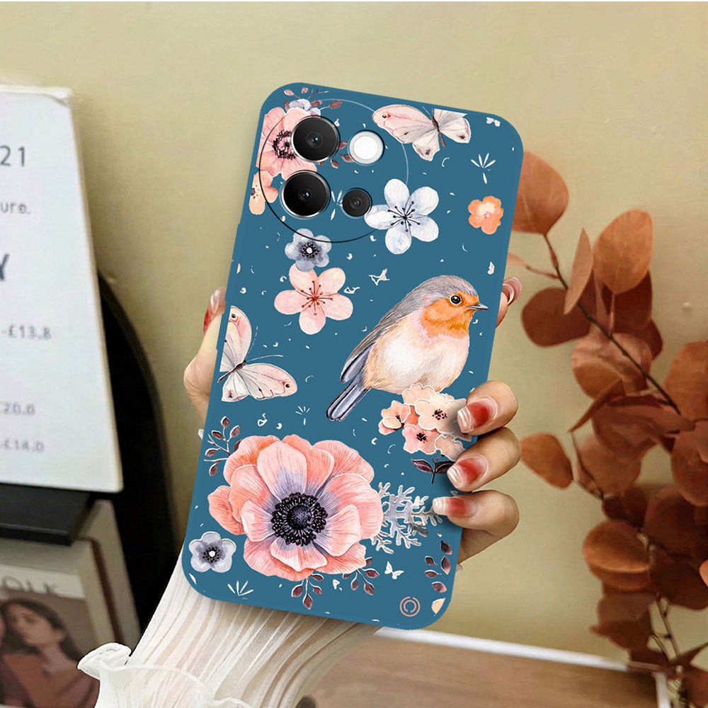 Vivo V40 Lite Cover - Blue - D1 - ONation Nature Floral Series - HQ Liquid Silicone Soft Case
