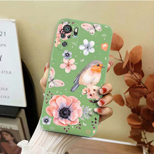 Xiaomi Redmi Note 10 4G Cover - Light Green - D1 - ONation Nature Floral Series - HQ Liquid Silicone Soft Case