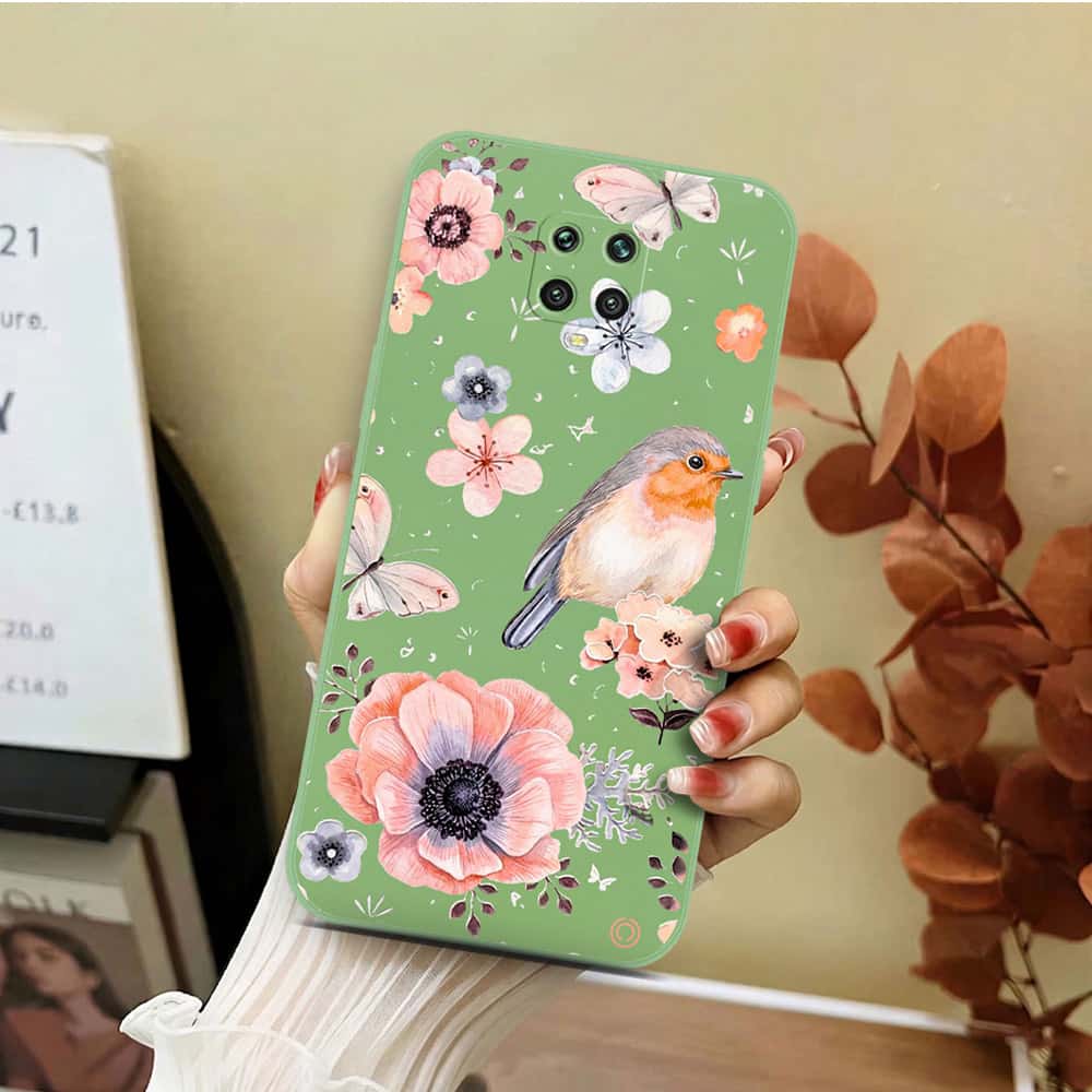 Xiaomi Redmi Note 9S Cover - Light Green - D1 - ONation Nature Floral Series - HQ Liquid Silicone Soft Case