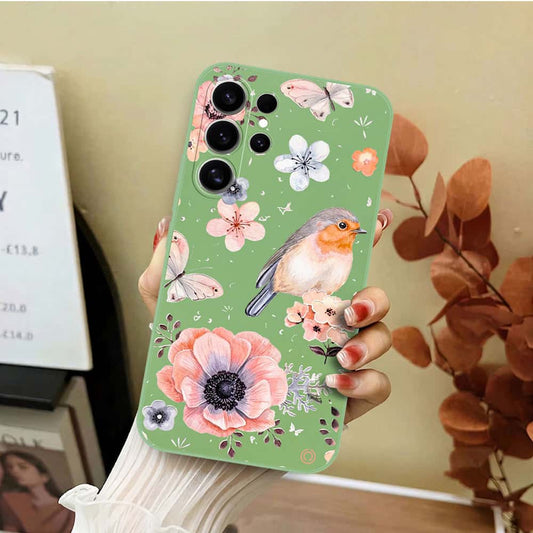 Samsung Galaxy S26 Ultra Cover - Light Green - D1 - ONation Nature Floral Series - HQ Liquid Silicone Soft Case