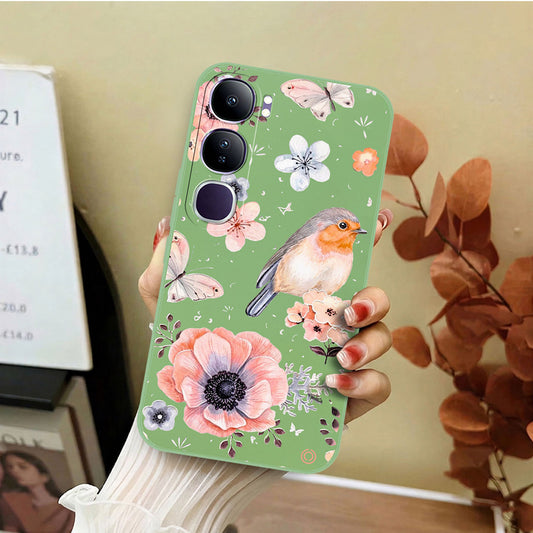 Vivo Y300 Cover - Light Green - D1 - ONation Nature Floral Series - HQ Liquid Silicone Soft Case