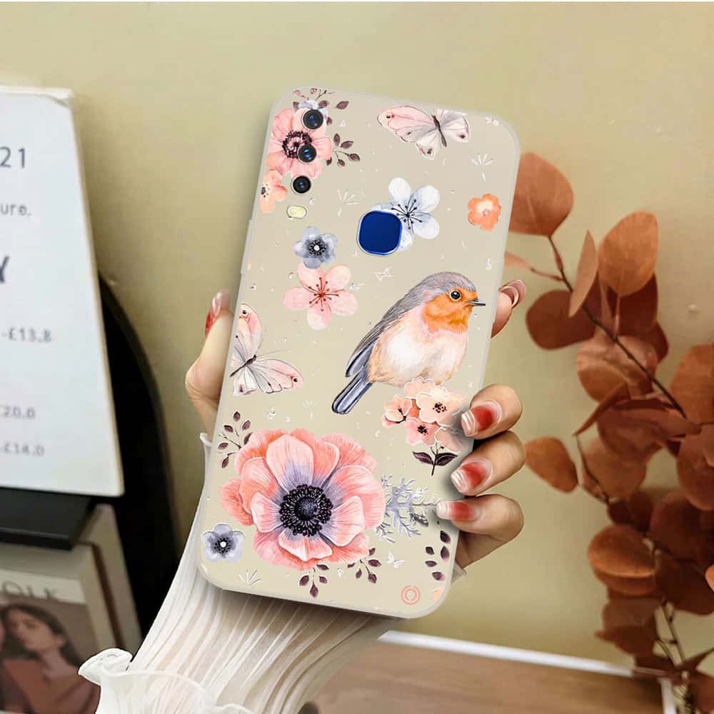 Vivo Y17 Cover - Off White - D1 - ONation Nature Floral Series - HQ Liquid Silicone Soft Case