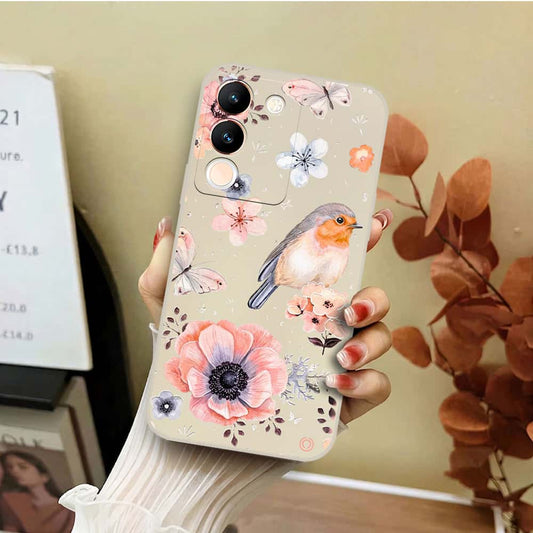 Vivo V29e Cover - Off White - D1 - ONation Nature Floral Series - HQ Liquid Silicone Soft Case