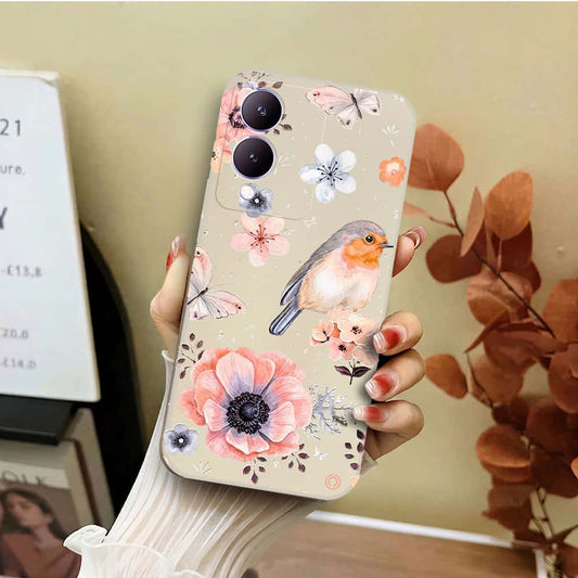 Vivo Y17s Cover - Off White - D1 - ONation Nature Floral Series - HQ Liquid Silicone Soft Case