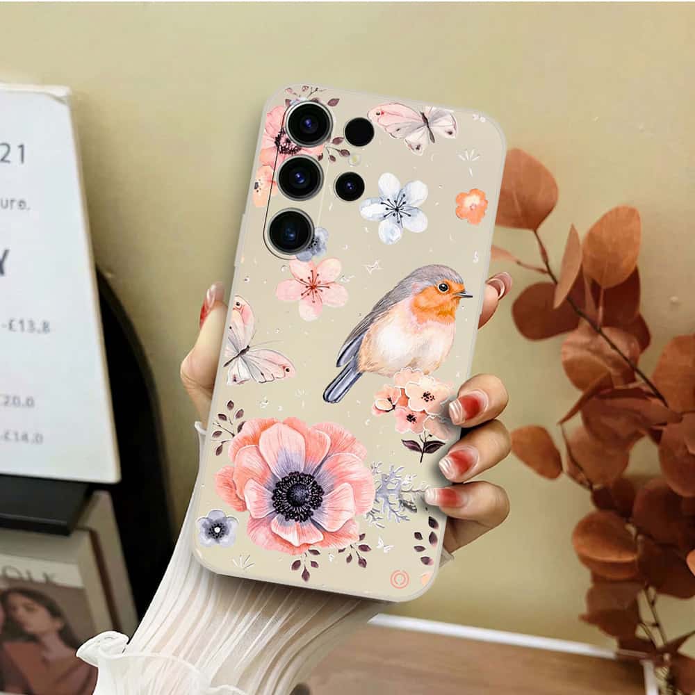Samsung Galaxy S23 Ultra 5G Cover - Off White - D1 - ONation Nature Floral Series - HQ Liquid Silicone Soft Case